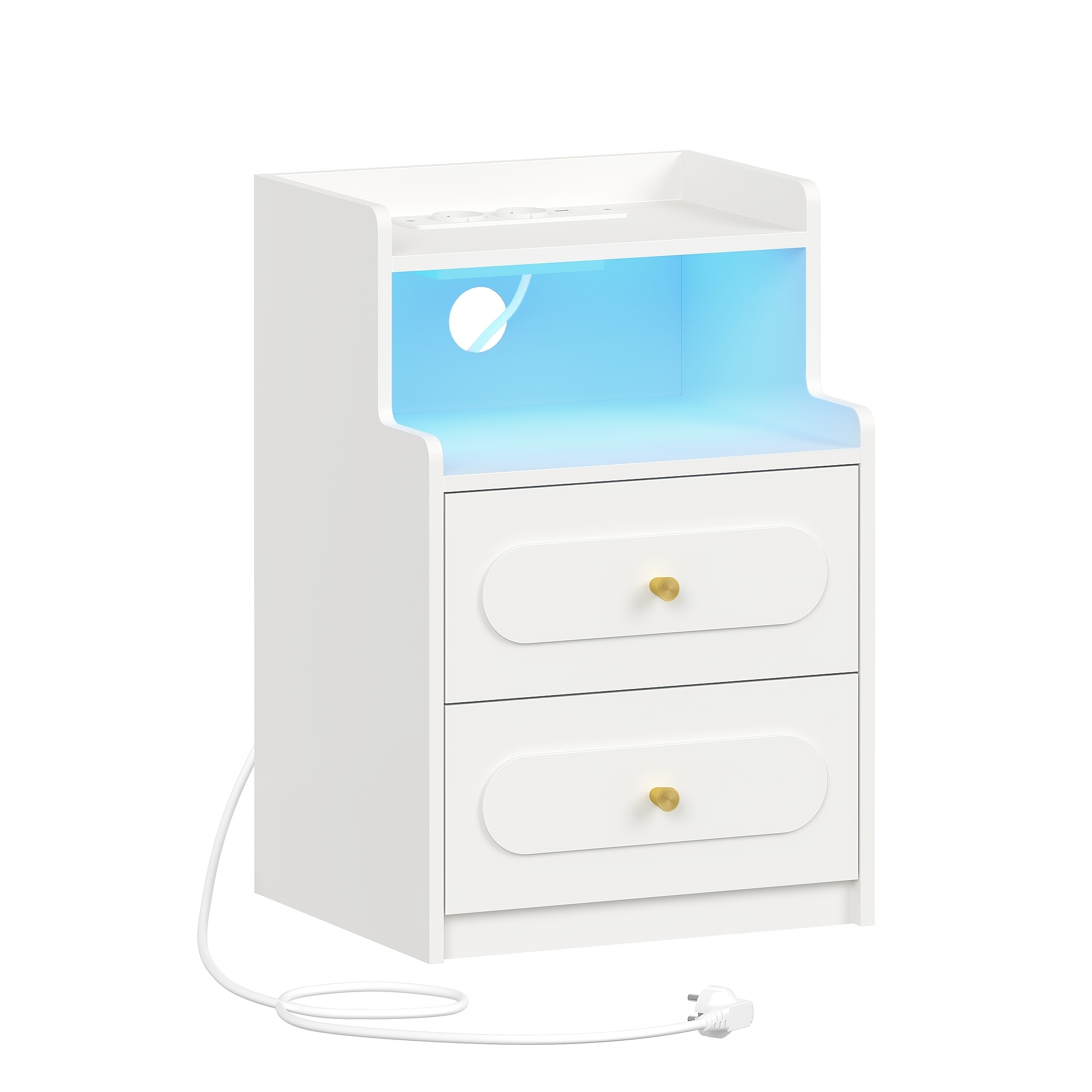 Bedside Table With 2 Drawers And Open Compartment | Multifunctional Wooden Side Table For Bedroom And Living Room, White, Hzuaneri