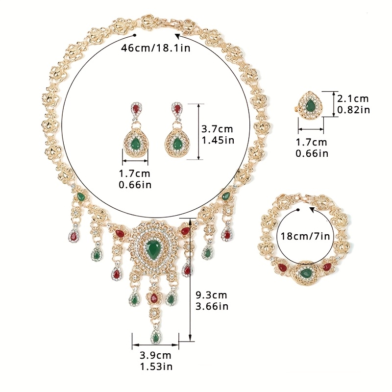 Ladies' Jewelry Set Including a Necklace, Earrings, Bracelet, And Ring, Featuring Rhinestone Embellishments. Stylish, Elegant, And Luxurious, Perfect for Weddings, Banquets, Parties, And Formal Occasions.