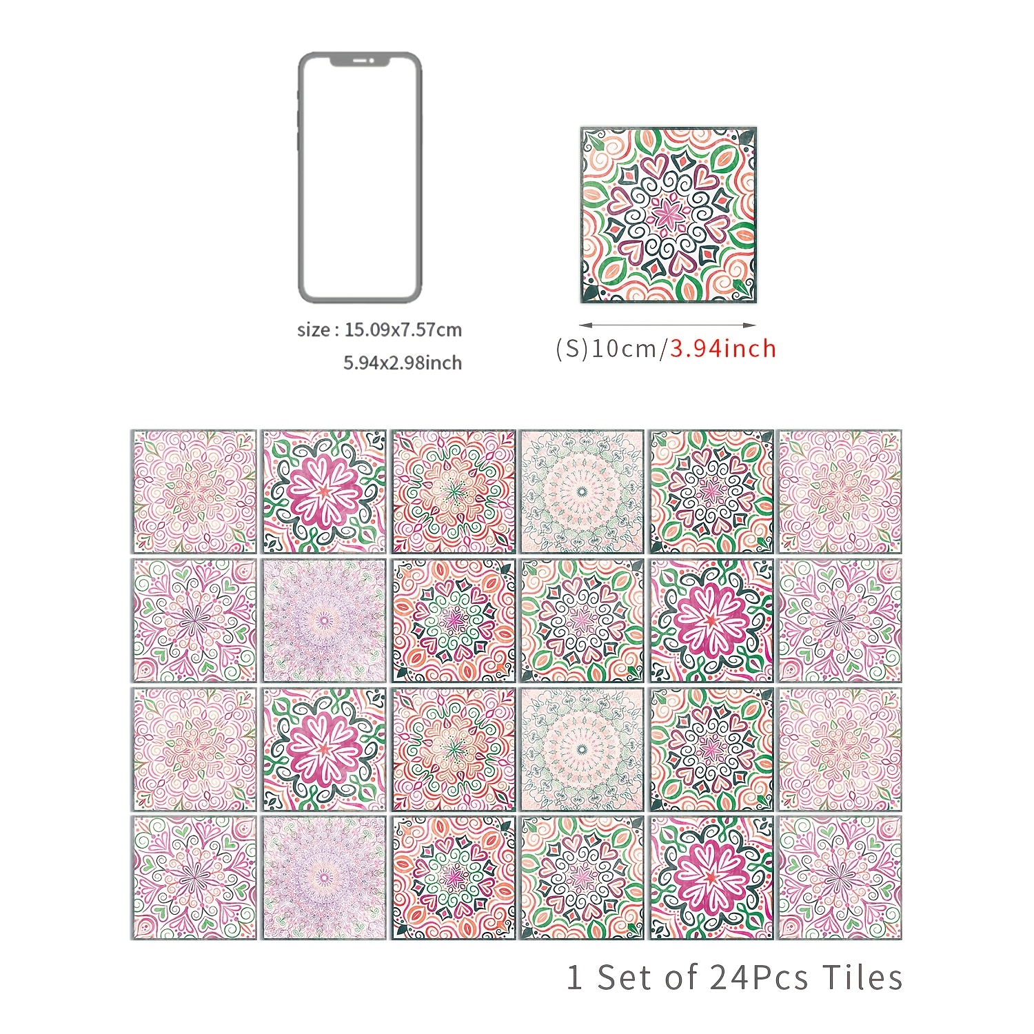 Image of 24pcs/set, Colorful Mandala Pattern Self-adhesive Tile Stickers, Waterproof And Moisture-proof, Decoration Wall Stickers For Restaurant, Kitchen, Bathroom Wall Renovation