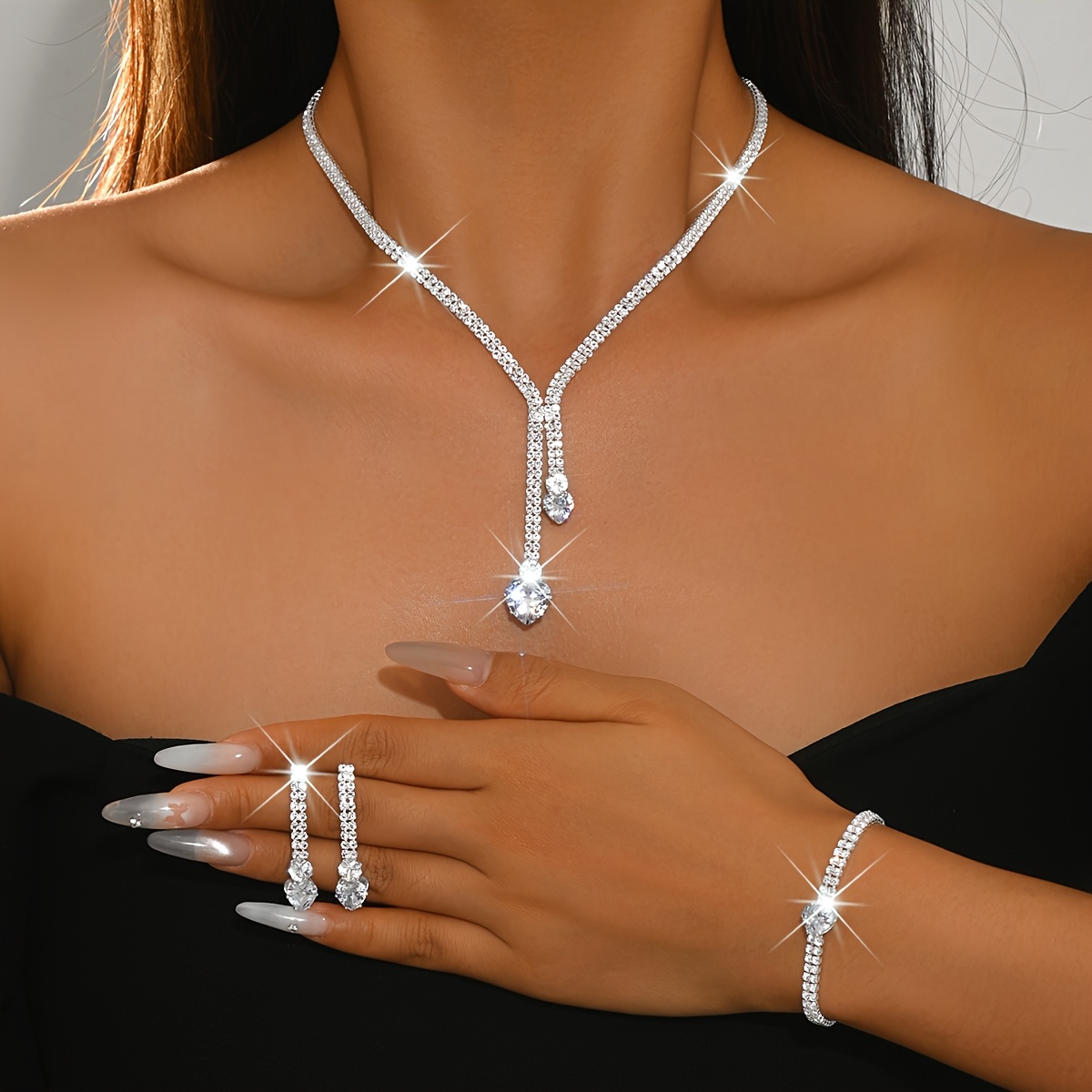 Image of 4pcs Women Jewelry Set, Bridal Wedding Jewelry Set, Sparkling Y-shaped Necklace And Earrings And Bracelet, Bridesmaid Prom Jewelry, Valentine's Day Gift