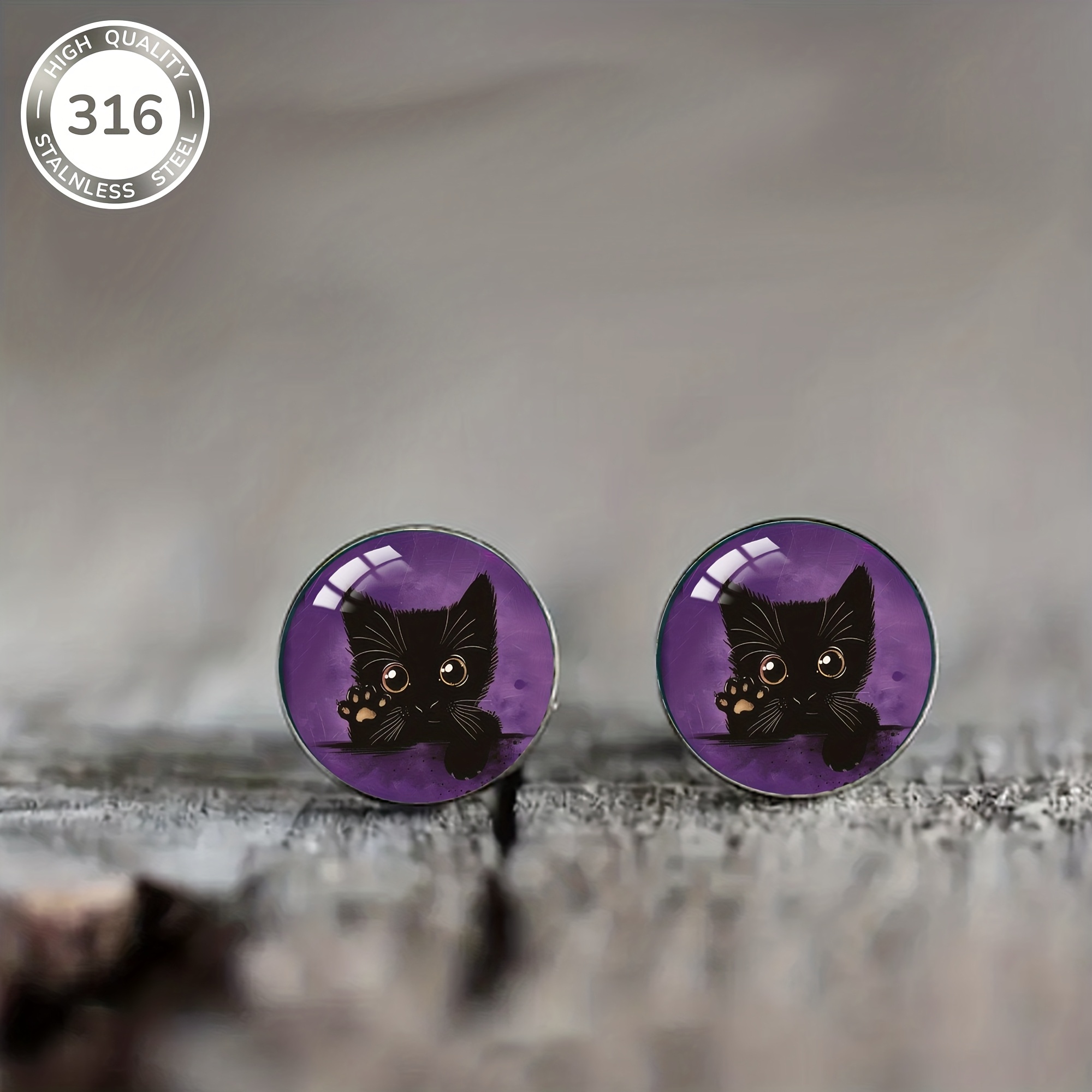 1 Pair Purple Black Cat Pattern Steel Stud Earrings, Elegant Jewelry For Men And Women, Daily Wear And Vacation