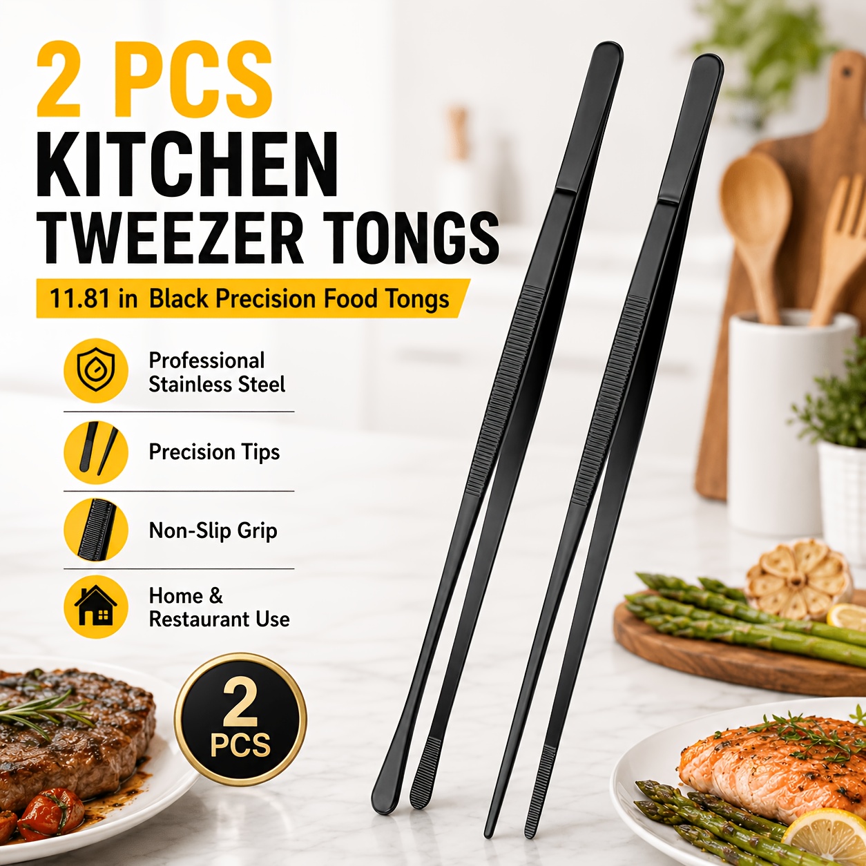 TEMU 2pcs -inch Extra Long Kitchen Tweezer Tongs, Black Stainless Steel Precision Cooking Tongs With Serrated Tips, Non-slip Tweezers For Bbq, Steak,