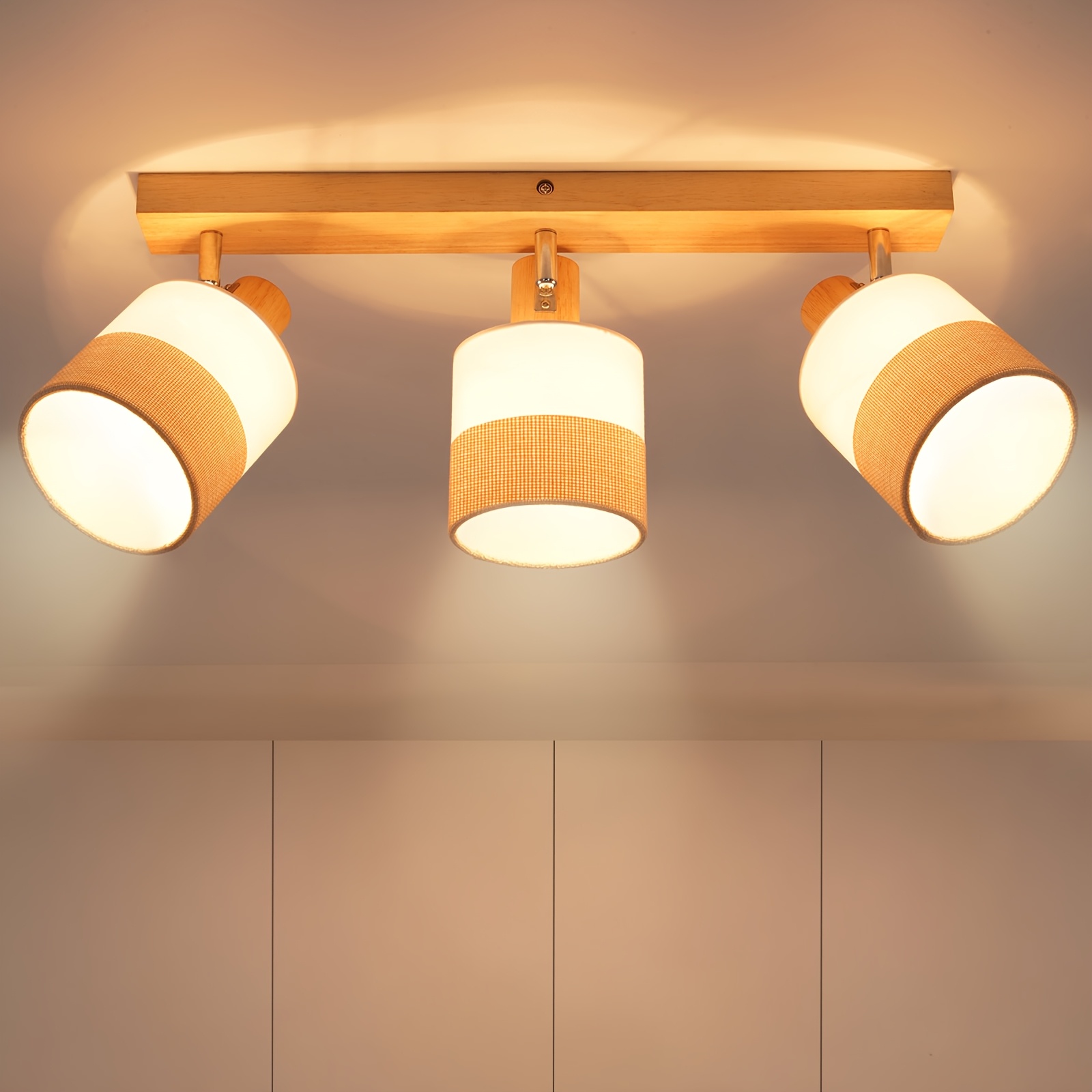 Image of Retro 3-light Wooden Ceiling Spotlight With Linen Fabric Shades, 350° Rotatable Wall And Ceiling Lamp, Vintage E14 Spot 25w For Kitchen Bedroom Hallway Balcony, , No Bulb Included