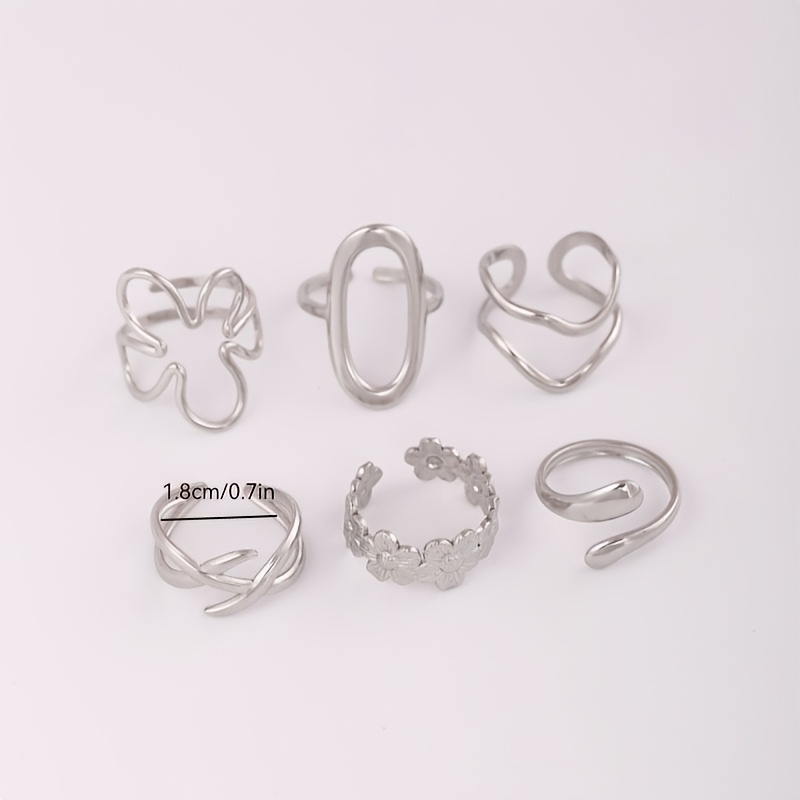 TEMU 6pcs Flower Geometric Ring Set Women Adjustable Stainless Steel Open Rings Silver Minimalist Fashion Jewelry