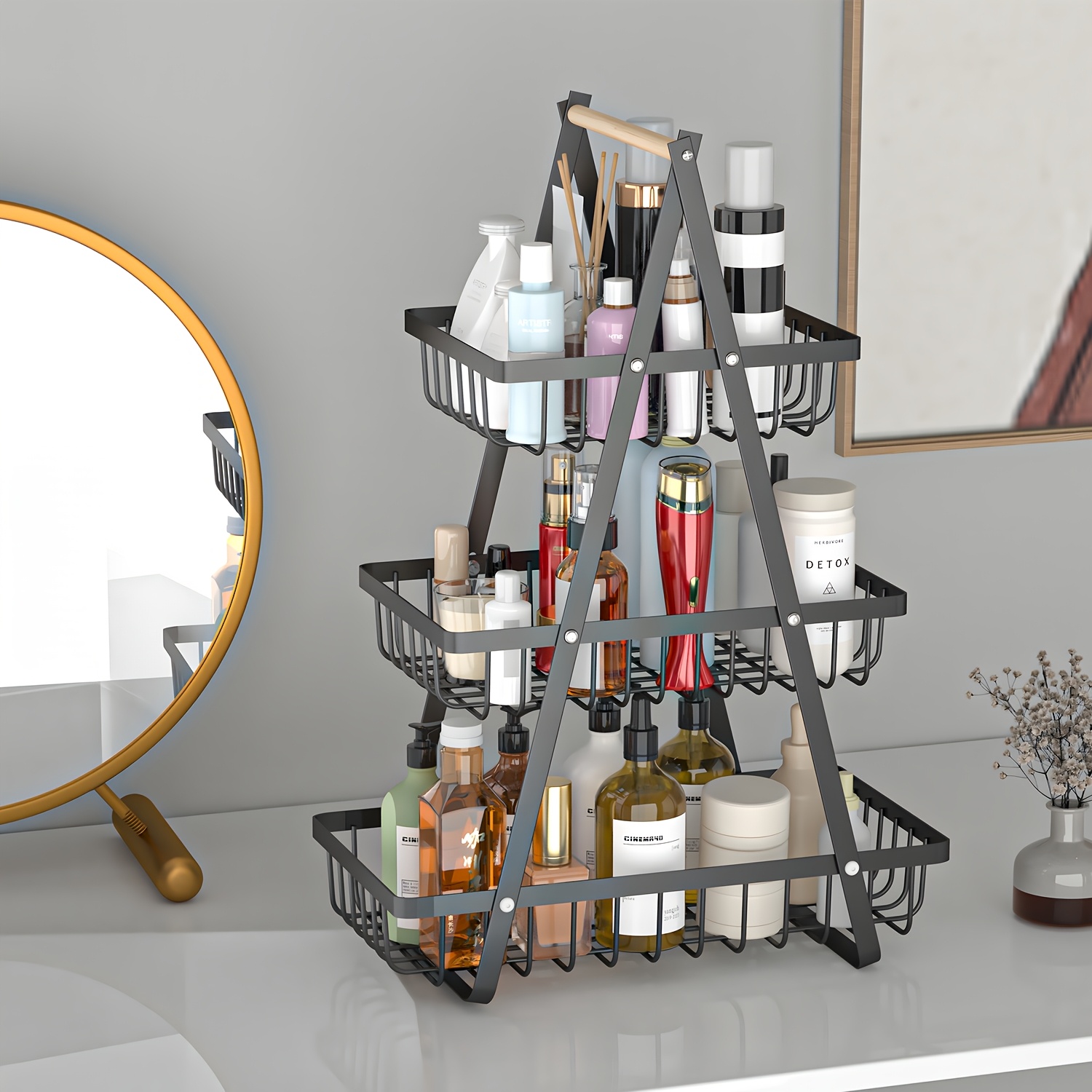Three-tier Metal Cosmetics Organizer, Collapsible Storage Rack, Standing Shelf
