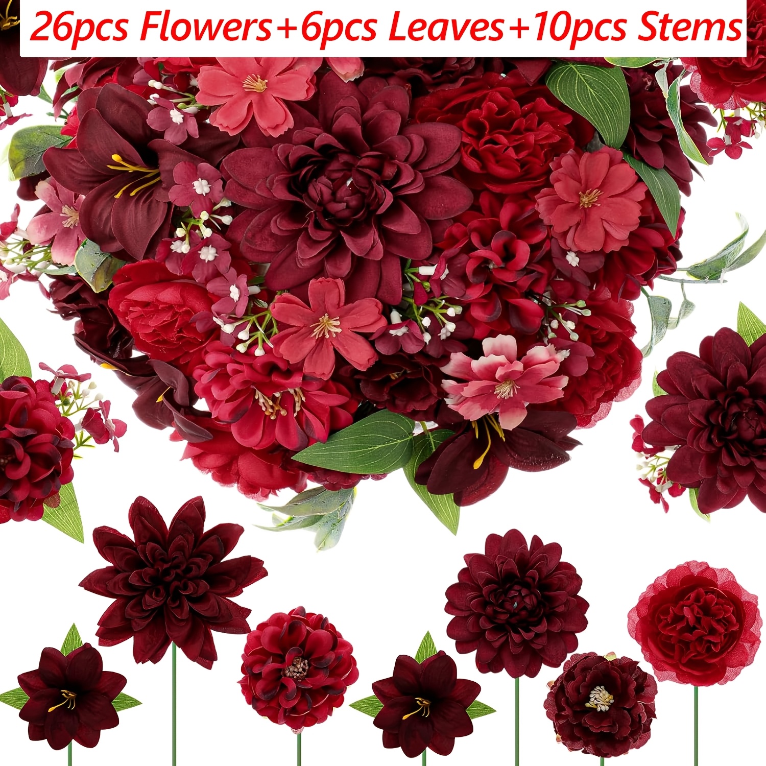 Image of 32pcs Assorted Artificial Flower Heads With 10pcs Stems Fake Silk Faux Daisy For Crafts, Fake Peony Rose For Wedding Party Wreath Home Decoration