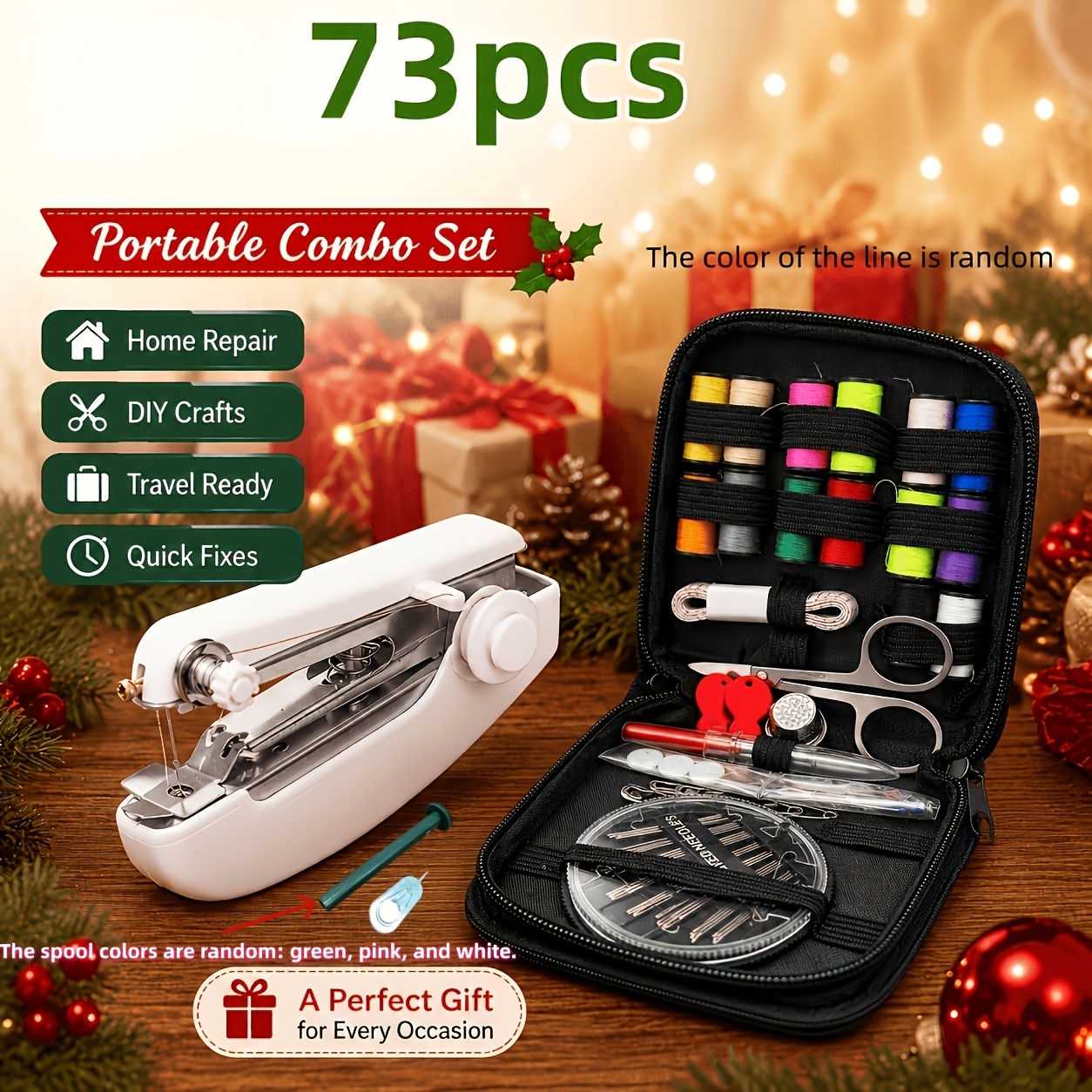 TEMU 73pcs (1 Portable Mini Sewing Machine Includes 2 Sewing Machine Accessories + 1 Set Of 70pcs Sewing Kit), Handheld Manual Easy Sewing, Household