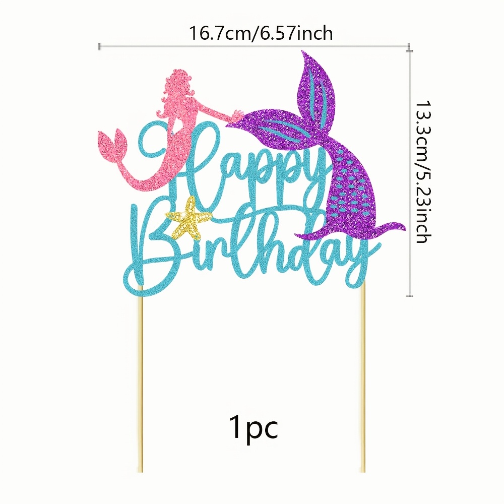 1pc Mermaid Happy Birthday Cake Topper Glitter Ocean Starfish Tail Cake Decoration For Under The Sea Theme Birthday Party Supplies, Halloween, Christmas