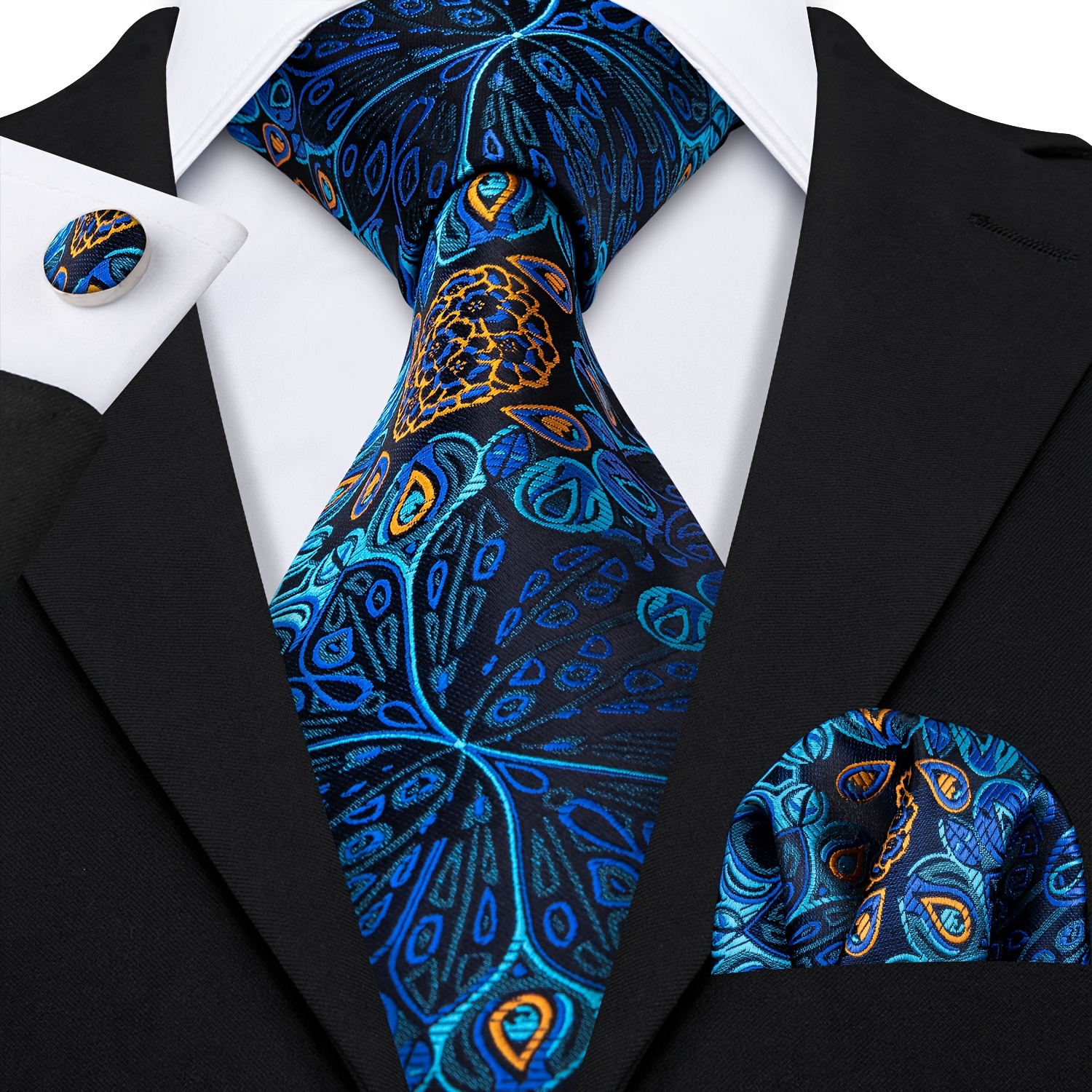 

Barry.wang Blue Tie Men's Silk Jacquard Floral Wedding Necktie, Hanky Cufflinks Set, Gift Prom