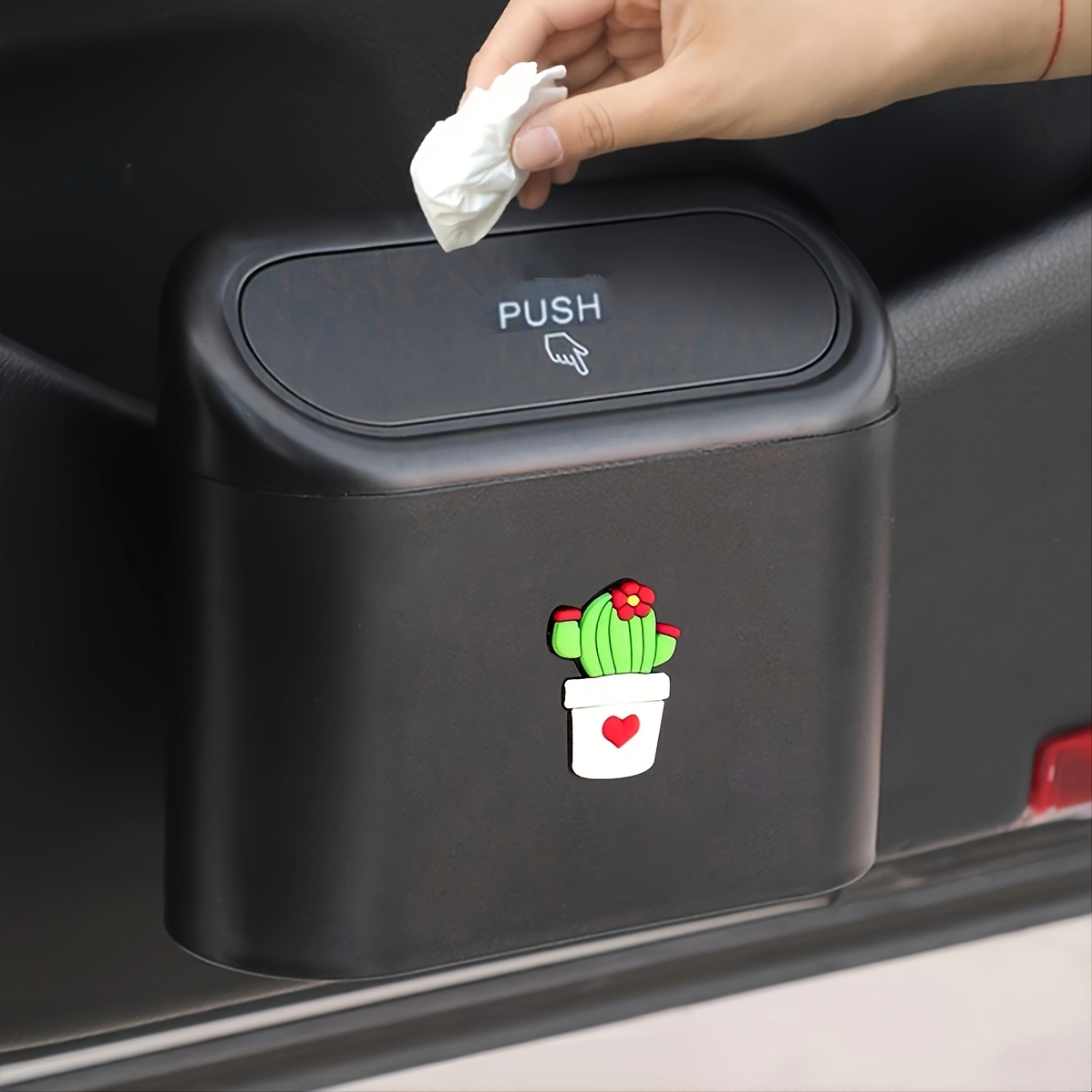 Car Trash Can With Cartoon Pvc Sticker, Press-to-open , Sealed Garbage Storage Bin, Car Trash Can, Miscellaneous Storage
