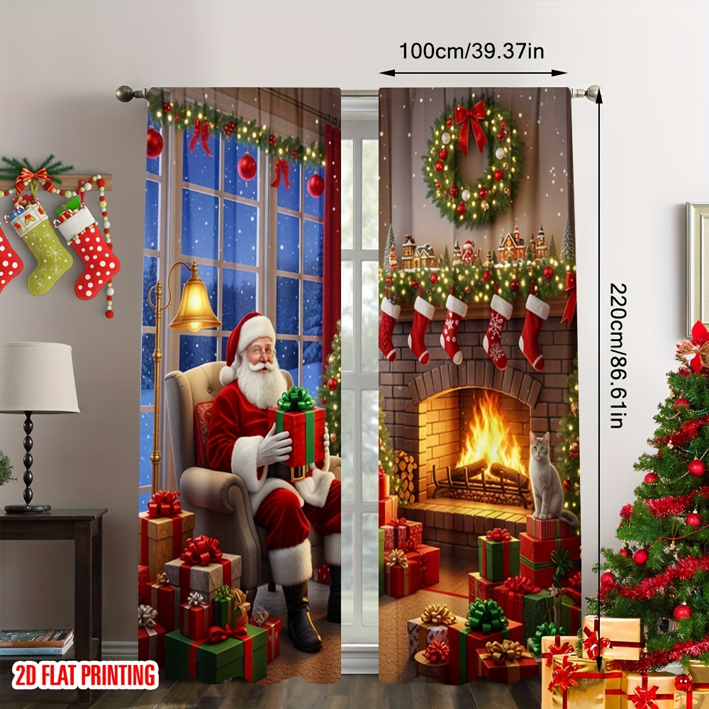 TEMU 2D Plat, 2D Impression Plate 2pcs Rideaux de Fête de Noël Père Noël Cadeaux de Noël Scène Scope et Élégant de Polyester Fête d'Anniversaire