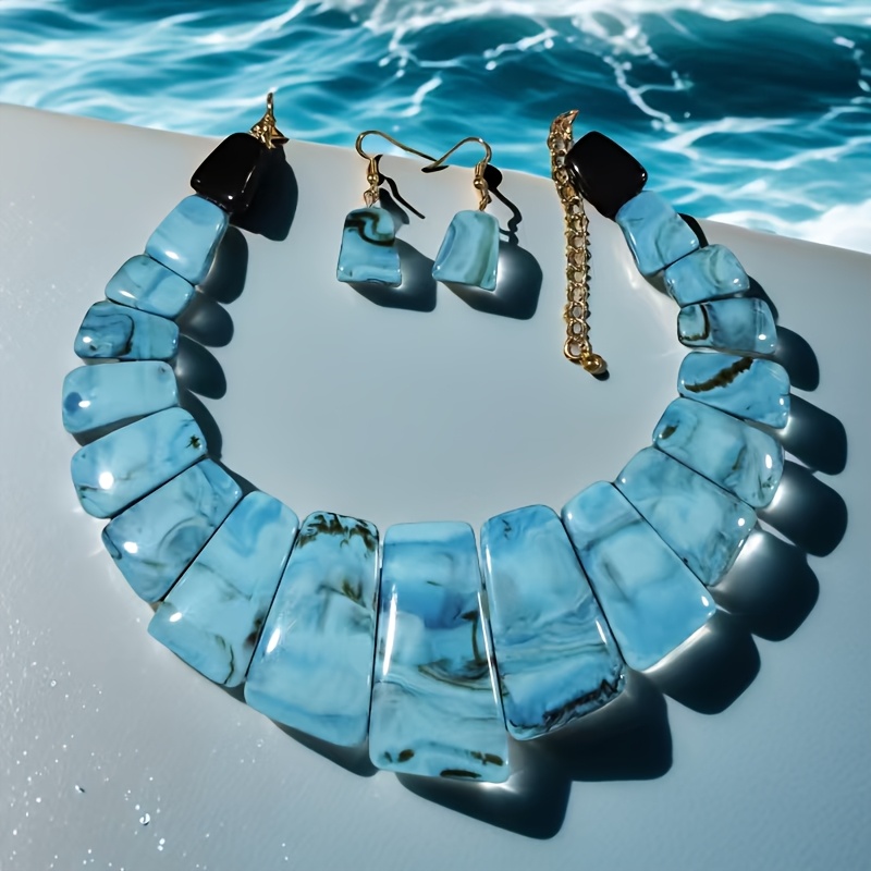 TEMU Middle East Fashion Blue Tone Necklace And Earring Set | Elegant Exotic Additions, Exquisite Blue Glazed Jewelry Set, Plastic Material, Suitable