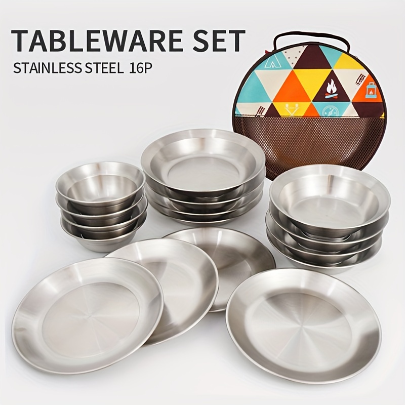 

16pcs/set, Stainless Steel Camping Tableware Set, Portable Food Plates, Soup Bowls And Fruit Plates, Suitable For Outdoor Camping Picnic Bbq