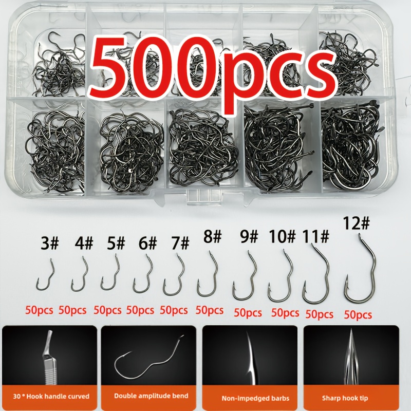 

500pcs Steel Hooks Set, Assorted 3-12#, Sharp Fishhooks For Carp , All- Kit - For 's, , Christmas, Halloween, 's Day