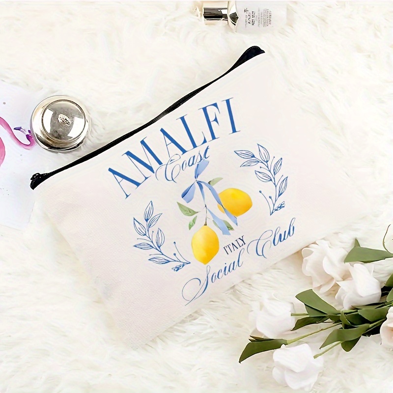 TEMU 1pc Italian-themed Lemon And Olive Design Zipper Pouch - Durable Fabric Cosmetic Bag, Toiletry Organizer, Italian Text And Lemon Design For