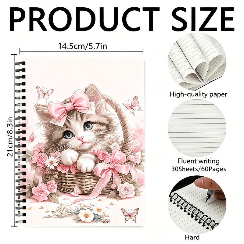 TEMU A Cute Pink Spiral-bound Notebook Featuring A Kitten With A Flower Basket; Contains (60 Pages) Of Lined Paper. Suitable For School And Office