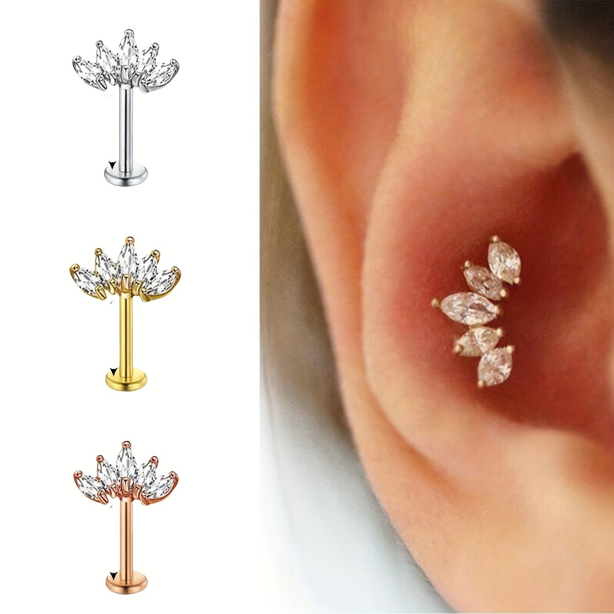 

1pc Fashion Stainless Steel Cubic Zirconia Crown Ear Stud Ear Bone Stud Ear Cartilage Screw Earrings For Women Piercing Jewelry Lip Stud Lip Ring Human Piercing