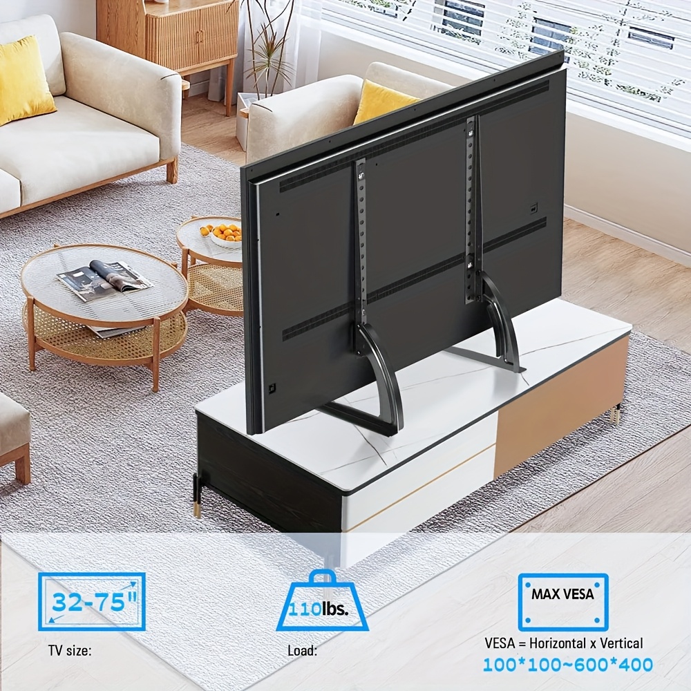 1pc universal desktop tv stand base suitable for 32 to 75 inch flat screen lcd   no drill universal wall mount installation   110 lbs supports vesa   to 600 400mm   for   room bedroom tv stand
