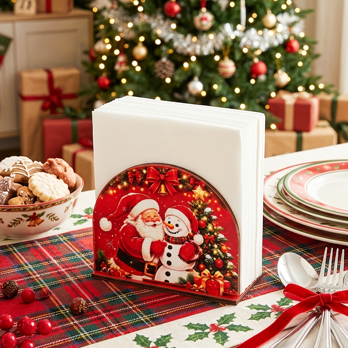 TEMU 2d Flat, 1 Set Of 2d Artificial Napkin Holder With Napkin Box - Decorative Christmas Table Centerpiece, Suitable For Christmas Parties, Kitchen