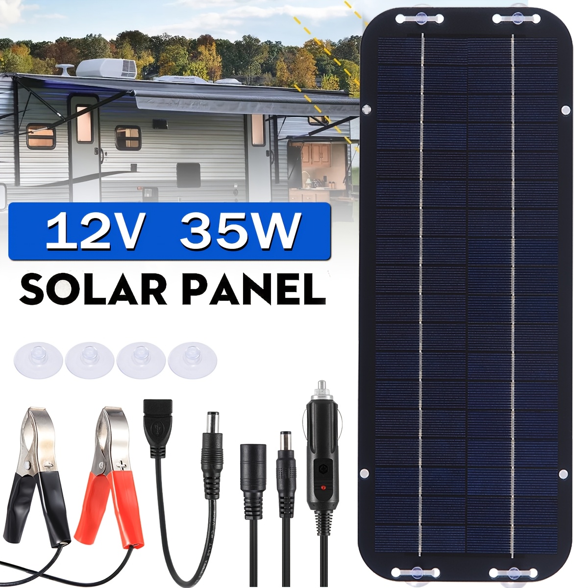 TEMU 1pc Solar Panel Kit, 35w 12v Solar Trickle Charger, Portable Solar Powered Charger Kit For Emergency Charging, Trickle Charger Maintainer For,