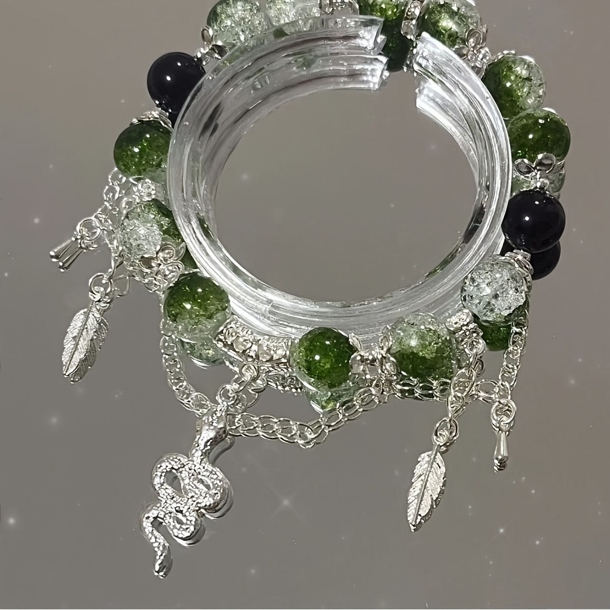 

Fashion Glass Bead Snake Charm Bracelet For Women - Green Crystal & Black Accent Beads, Silver-tone Leaf Dangles, No Plating