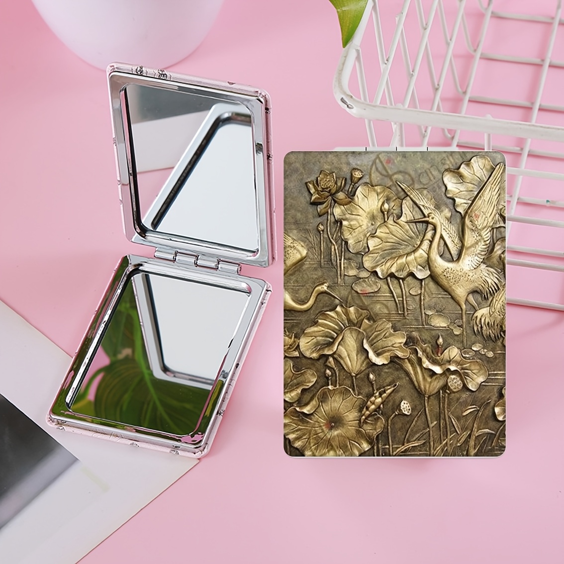 Stylish Rectangular Makeup Mirror with Golden Cranes Design