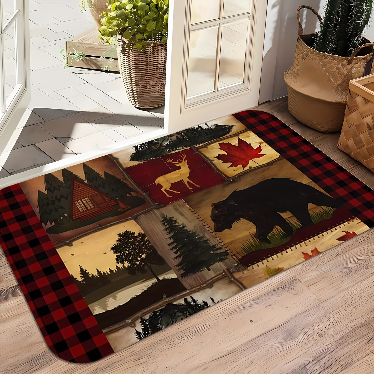 

Vintage Cabin Design Door Mat – Non-slip, Easy Clean, Machine Washable Mat With , Deer, And For Bathroom, Living Room, Bedroom, Kitchen, Office, Washable Area Mat