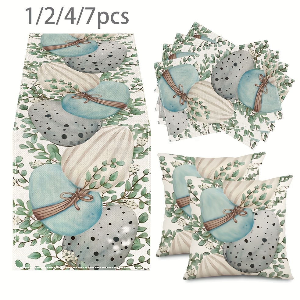 TEMU 7pcs Linen Easter Table Decor Set, Eucalyptus Egg Design, Woven Rectangular Table Runner, Throw Pillow Covers & Placemats, Indoor Outdoor Dining