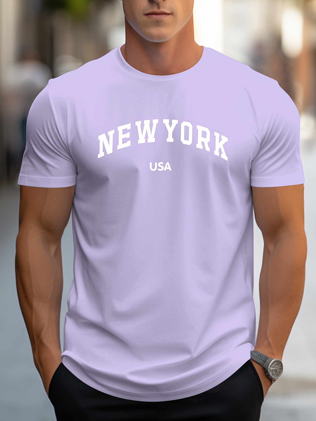 new york letters print mens round neck print tee short sleeve comfy t shirt loose casual top for spring summer holiday mens clothing as gifts light purple 0