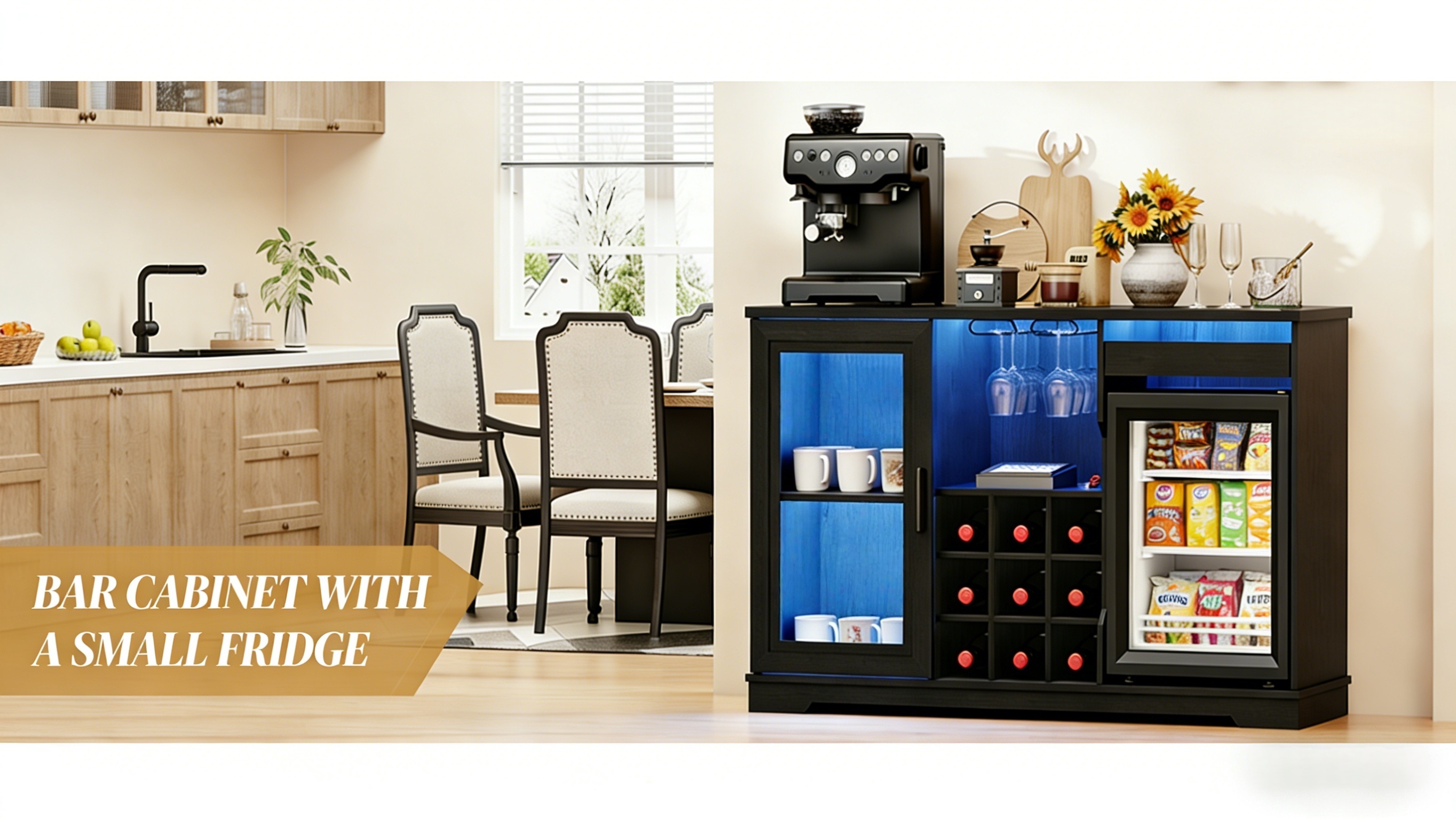 Home Bar Cabinet with Mini Fridge & LED Lights | Modern Liquor Cabinet 12 Home Bar Cabinet with Mini Fridge and LED Lights Overview