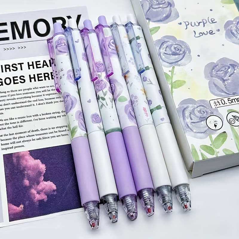 

6pcs Light Purple Roses Push Neutral Pen St Pen Tip Good Looking Push Pen [black Ink]