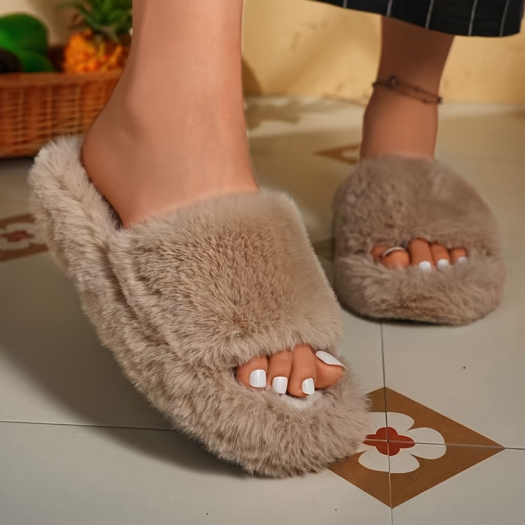 TEMU Autumn/winter Women's Plush Slippers, Versatile Outdoor Wear, Thick-soled House Slippers, Fluffy, Soft, Warm, Slides, Women Shoes