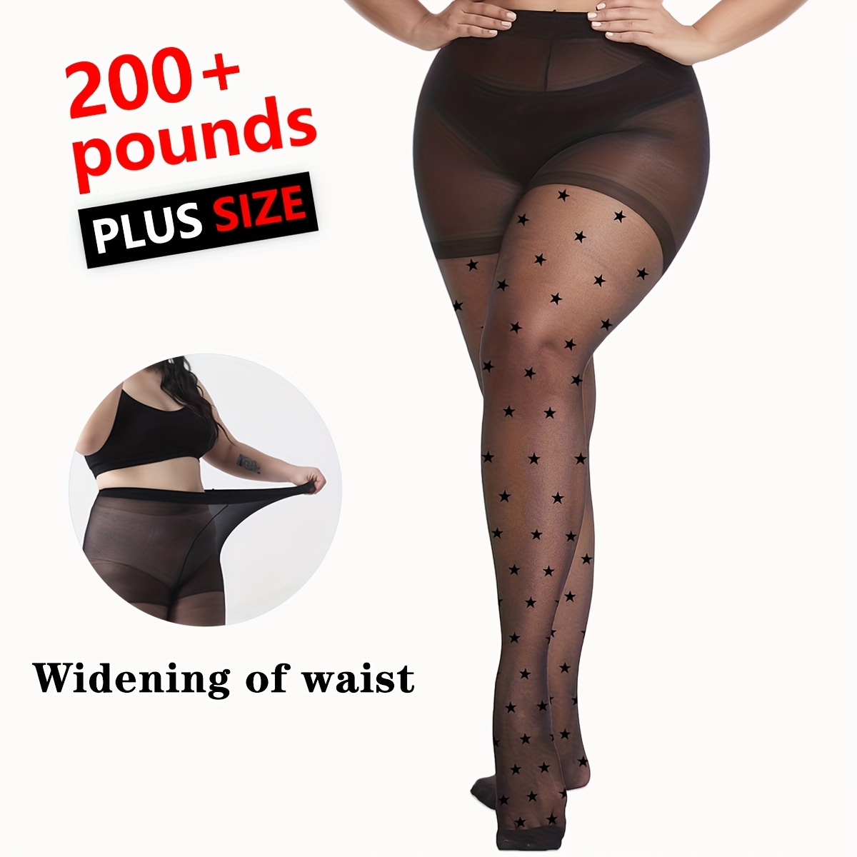 Image of 1 Pair Women's Plus Size Black Tights, Star Jacquard Thin Pantyhose, Up To 200lbs, Suitable For Overweight And Pregnant Women