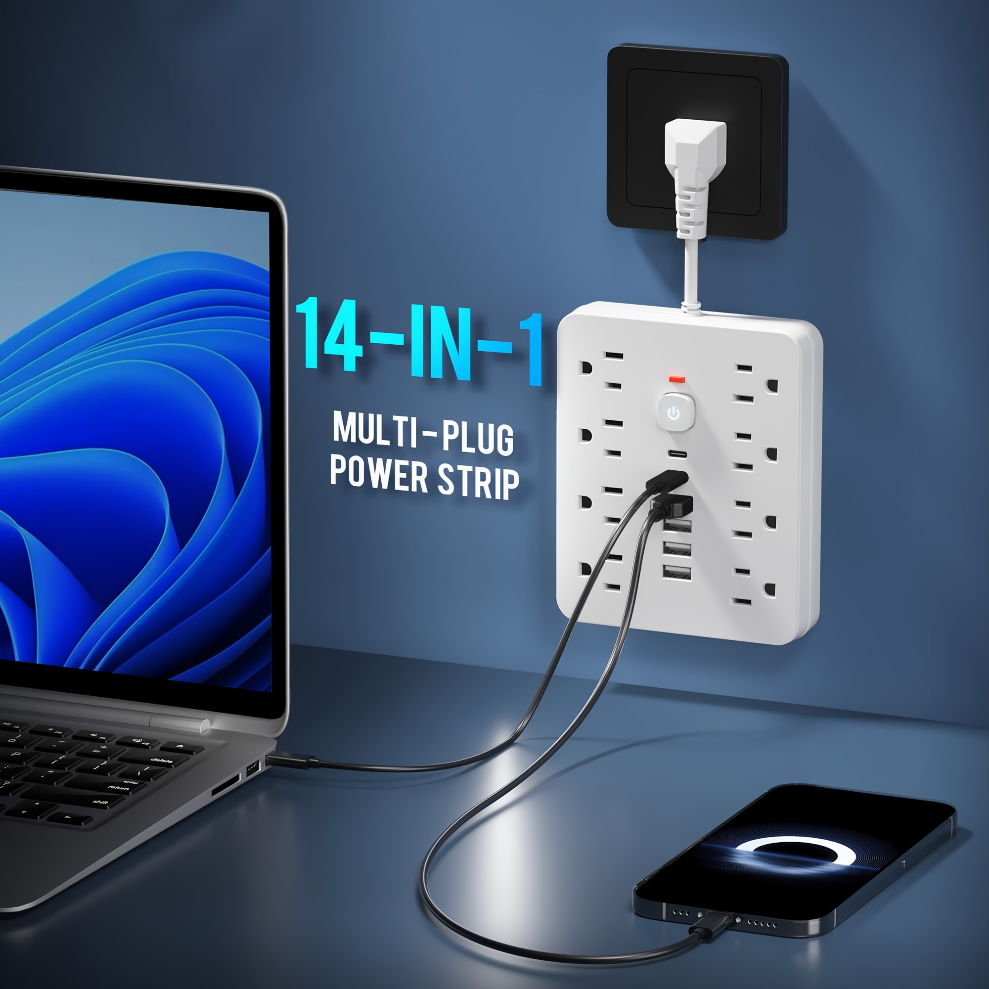 1 pc multi functional power strip with switch and protection equipped with 8 power outlets 4 usb and 2 type c 14 in 1 power outlet for office home and travel in black and white details 4