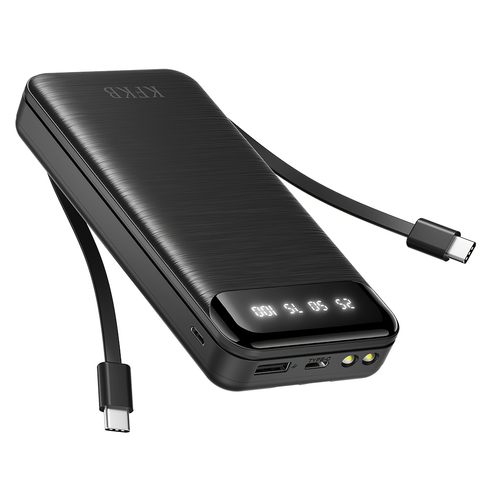 TEMU 20000mah High Capacity Portable Power Bank With Dual Built-in Charging Cables And Led Flashlight, Outdoor Emergency External Battery Pack For