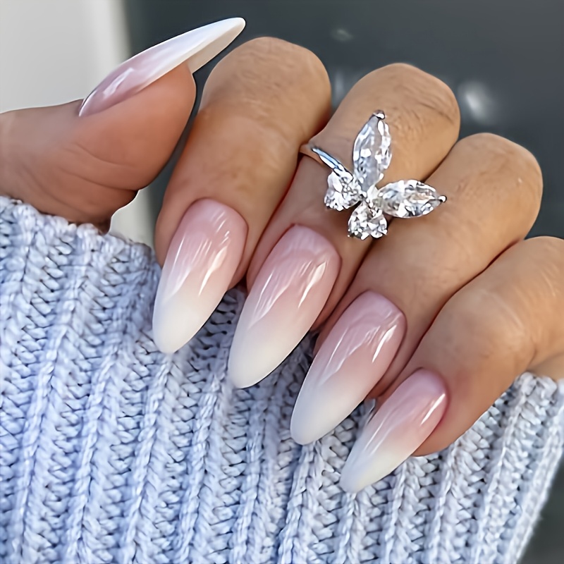 48pcs Medium Length Water Drop Almond Shaped Press-on Nails, White Powder Ombre, 12 Sizes Nail Kit With Tools