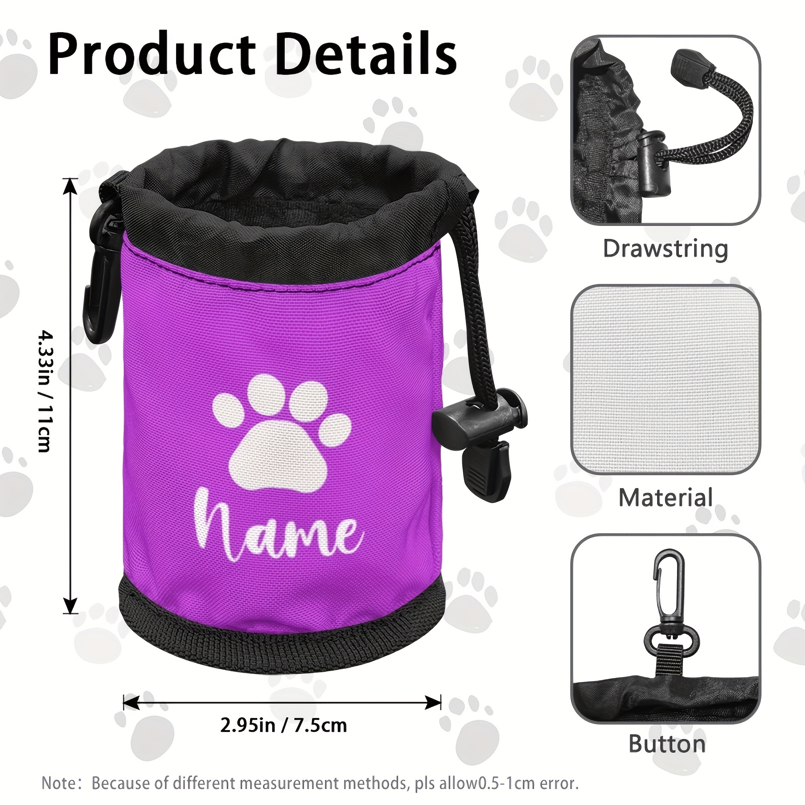 TEMU Custom Name Dog Treat Bag With Drawstring - Portable Dog Training Pouch Featuring A Paw Heart Print Design, Made Of Durable Polyester For Pet