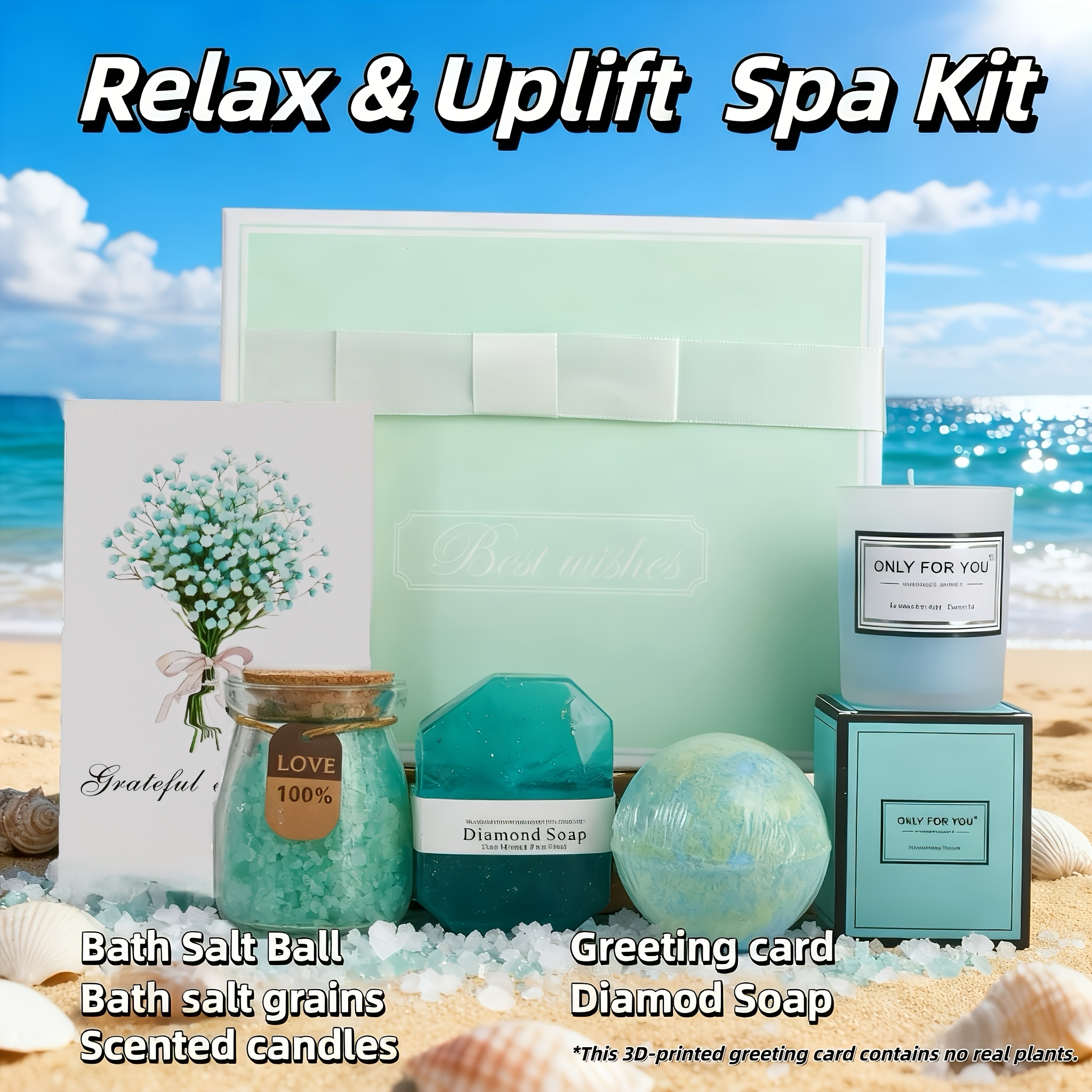 Image of Pgpj Teal 5pcs Set For Women, Bath , Bath Salt, Scented Candle And Diamond Soap. Ocean Scent Self-care Kit, Birthday, Mother's Day, Anniversary And Easter Basket Gifts For Her