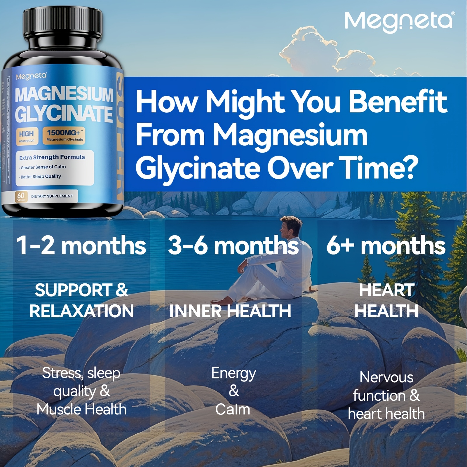 Megneta Magnesium Glycinate with Vitamins B6 & D3 for Sleep, Calm, Muscle & Heart Health, 60 Capsules