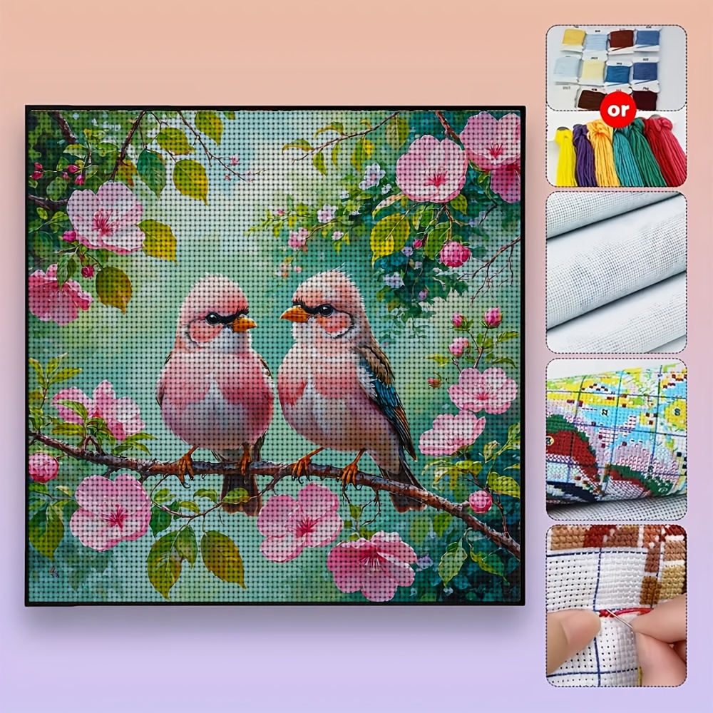 New Cross Stitch Printed Kit, Frameless 'Two Birds Perching on Pink Flowers' Pattern