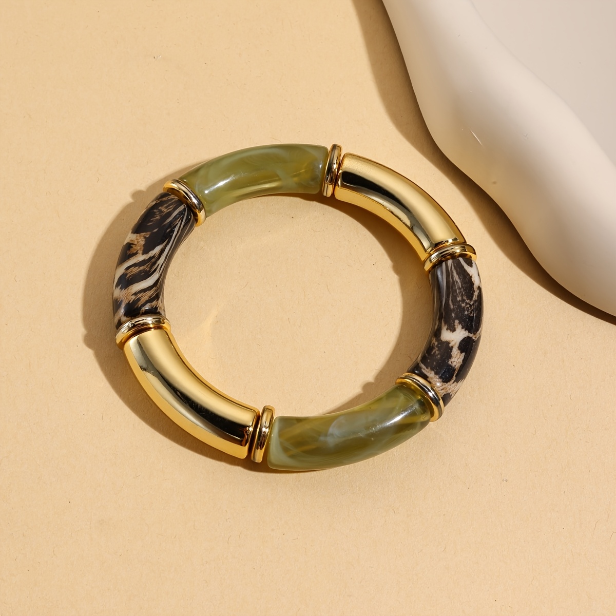 Retro Leopard Print Patchwork Elastic Bangle, Light Luxury Color-Block Arc Bracelet