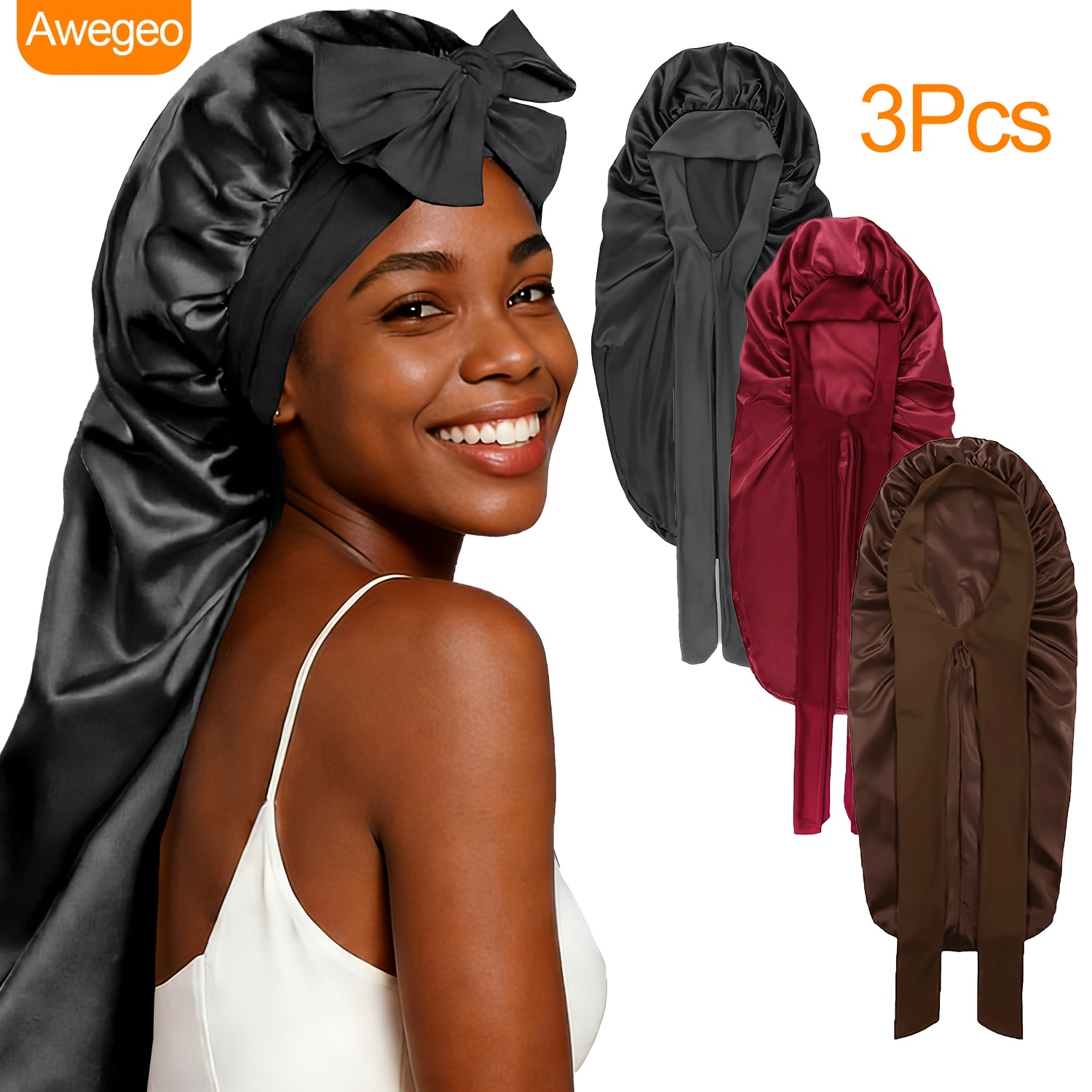 TEMU 3pack Adjustable Long Satin Sleep Bonnet, Bow Tie For Women Long Curly Hair Hair Care
