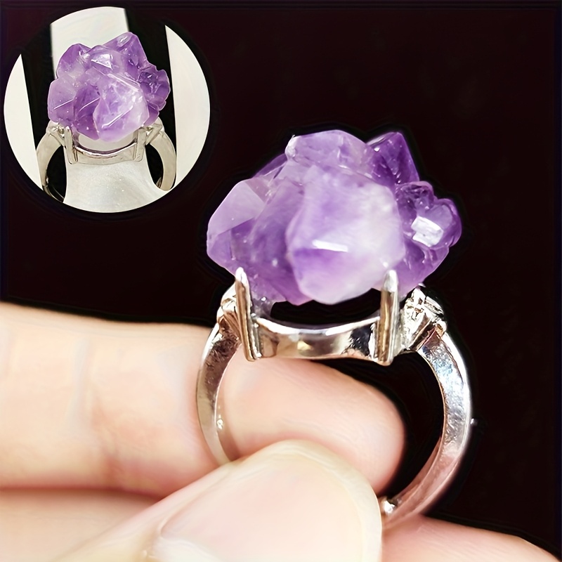 TEMU Bague Améthyste Non , Naturelle, Montage en Argent, Artisanale Antiquée, Accessoire
