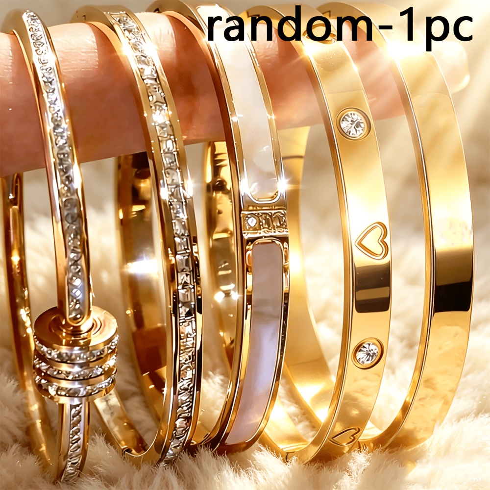TEMU Bague aléatoire 1pc en acier inoxydable plaqué or 18K, incrustation cœur/, légère et empilable, bracelet étanche et à la décoloration, bijou de