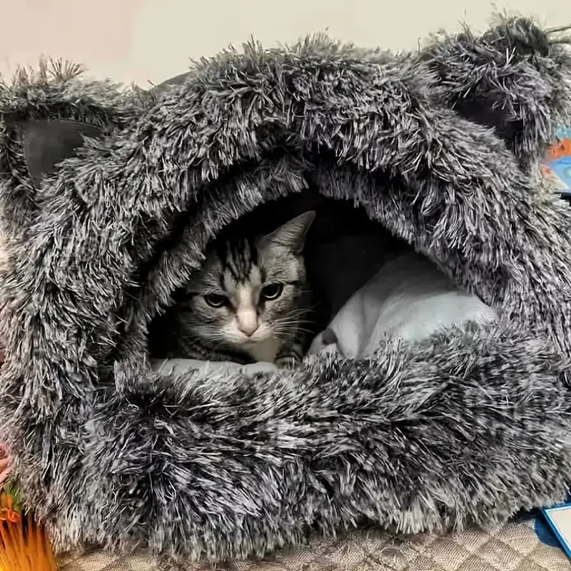 1pc winter warm fleece cat cave polyester fiber plush pet bed cozy for small to medium cats and dogs windproof 360 thermal non assembled cat house Product details 6