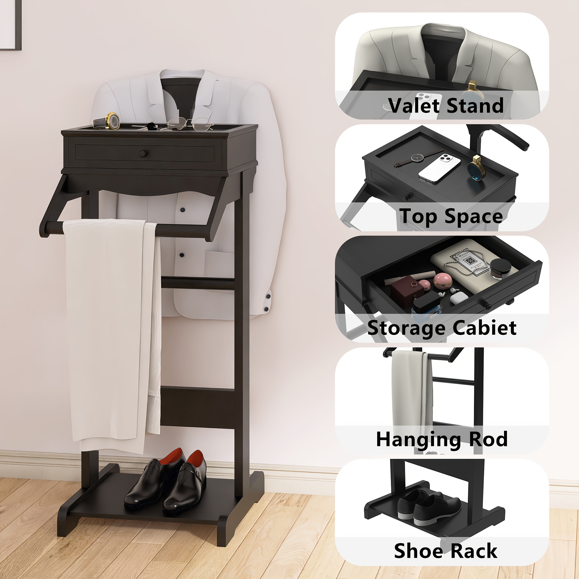 Proman Products - Crescent Moon Valet, Mens Valet Stand With Drawer, Top Tray, Contour Hanger, Trouser Bar, Belt Hooks & Shoe Rack, Accessory & Clothes Organizer (Mahogany) - Yahoo