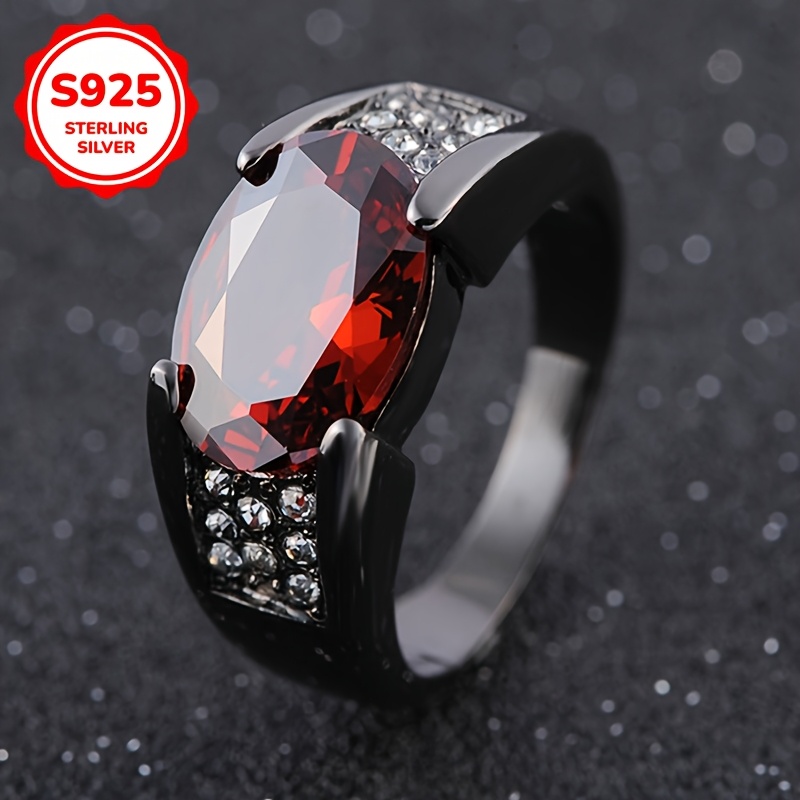 Image of 1pc S925 925 Silver Men's And Women's Retro , Gun Black Inlaid With Red Synthetic Cubic Synthetic Synthetic Zircon​​, Suitable For Valentine's Day, Banquets, And Gifts, Weighting About 9.1 Grams