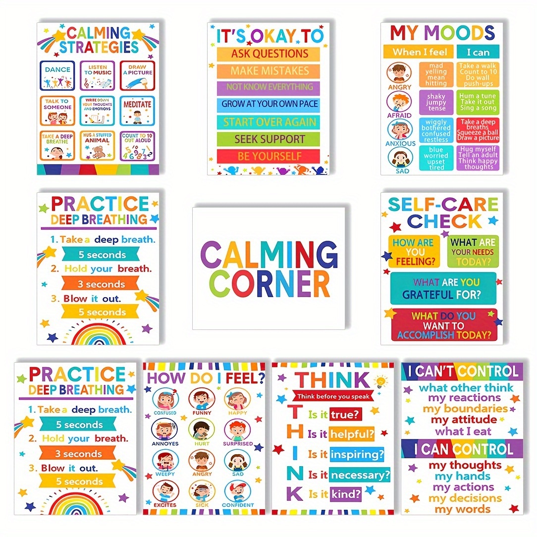 

10pcs Frameless Calming Posters Emotion Chart For Feeling Management Posters Back To School Calming Strategies Bulletin Board Set For School Decor 8*10inches