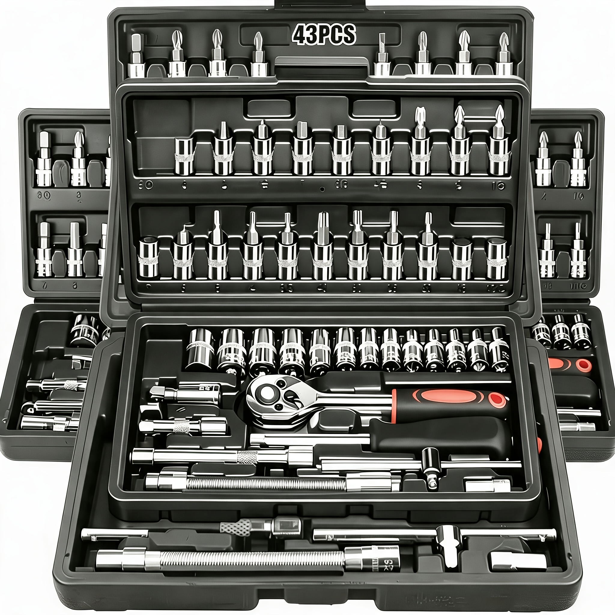 TEMU 43/53pcs Car Repair Tool Set, Ratchet Wrench, 1/2", 1/4", 3/8" Sae Metric Socket Wrench Set, Engineer Professional Repair Tools, Suitable For