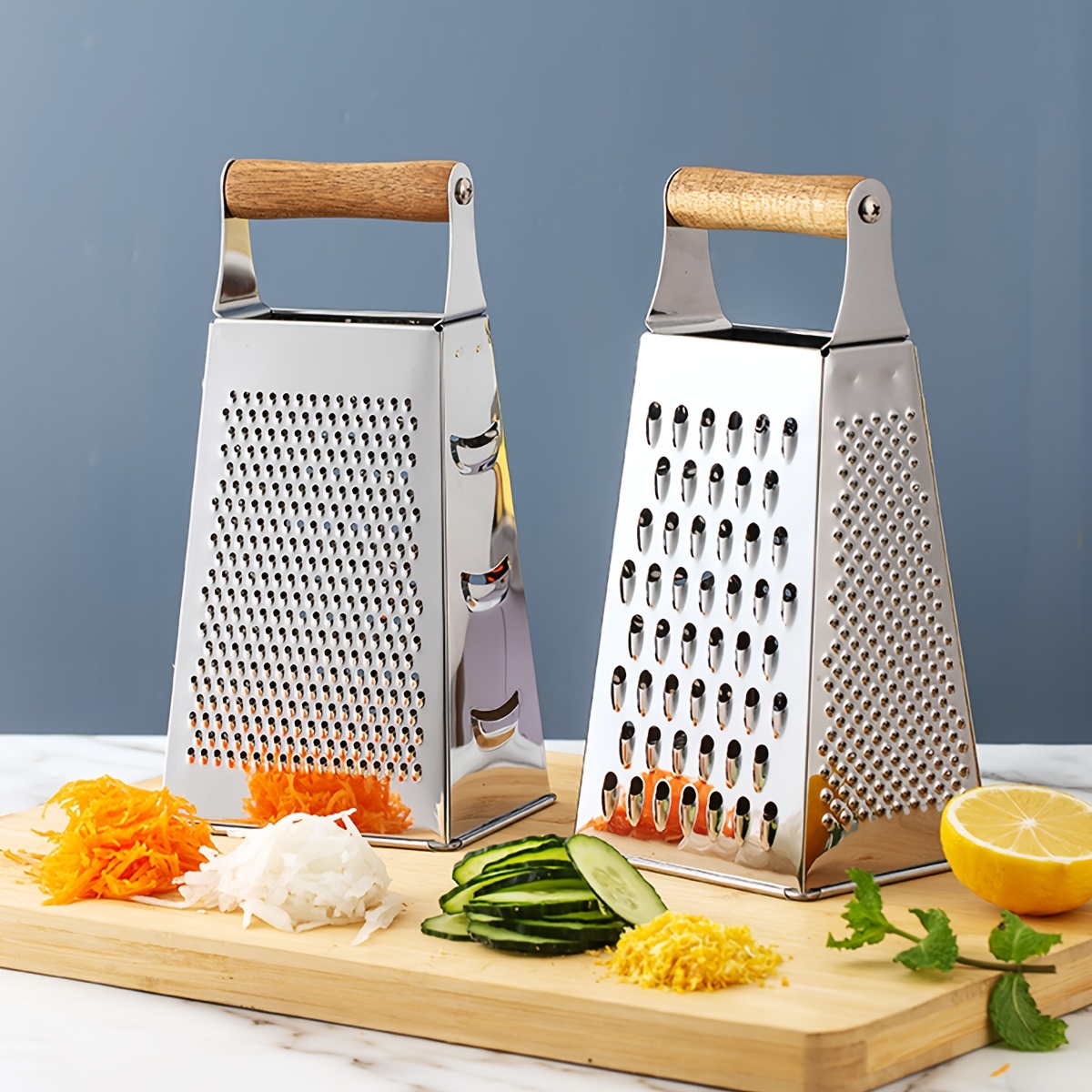 

1pc Stainless Steel Box Grater, 9-inch Four-sided Cheese Grater With Wooden Handle, Metal Grating Tool For Vegetables, Fruits, And Chocolate